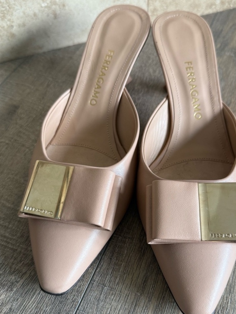 Salvatore Ferragamo Nude Pink Leather Pointed-Toe Mules with Gold Plaque
